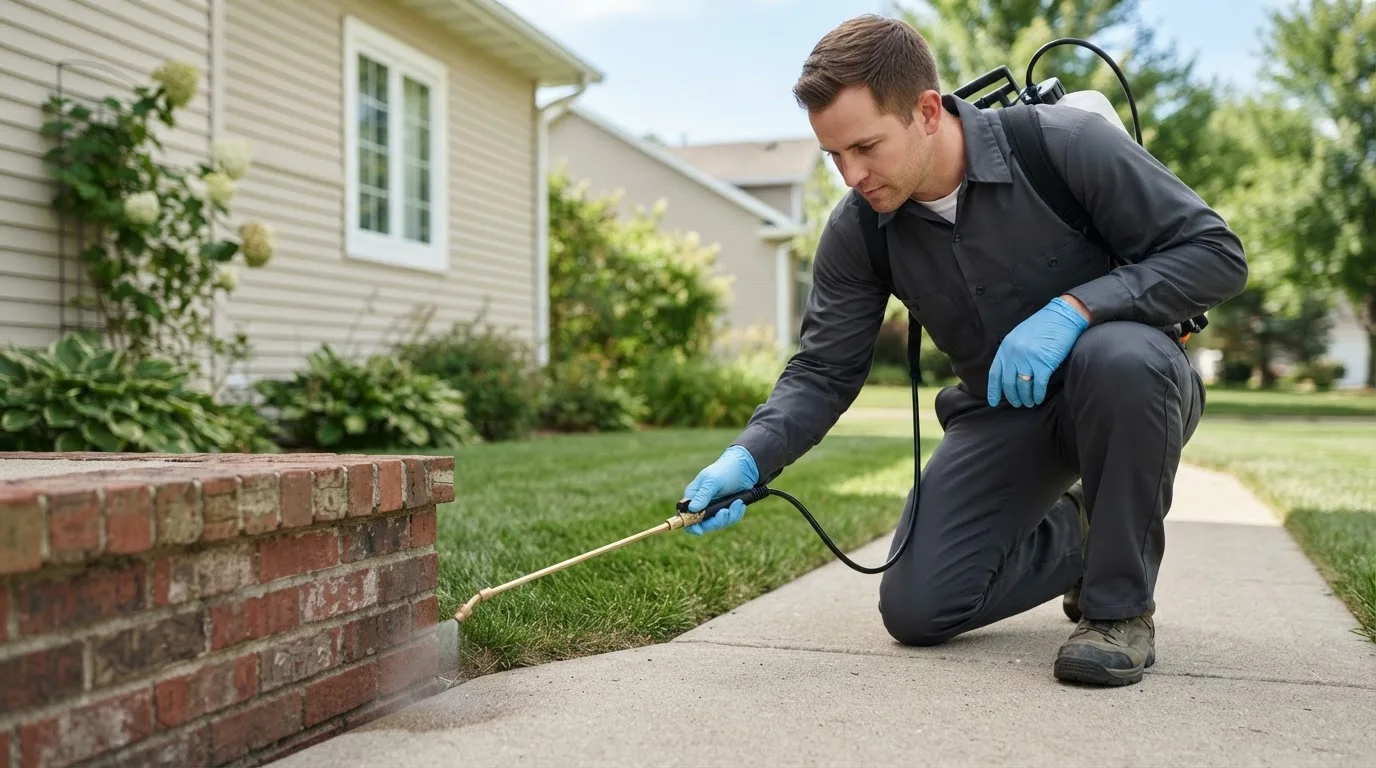 Pest control technician treating a home near Driscoll, ND