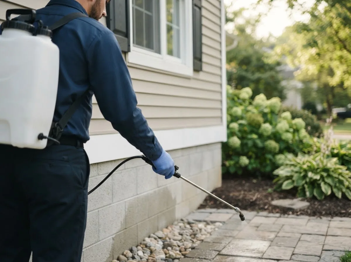 Pest control technician inspecting a home in Driscoll, ND